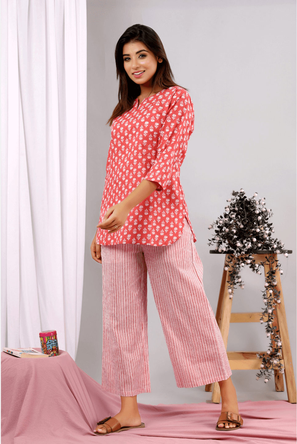 Coral Blush Block Printed Lounge Wear (6890383278277)