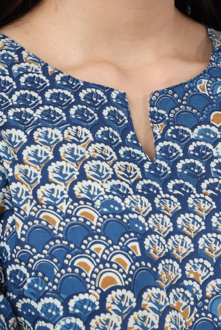 Indigo/Beige Hand Block Printed Cotton Lounge Wear (6697526886597)