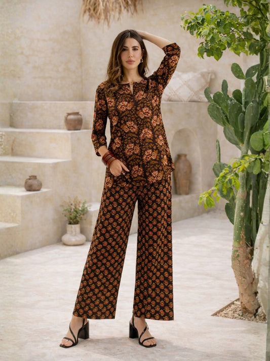 Black Abstract floral Pure Cotton Round neck Co-ord set