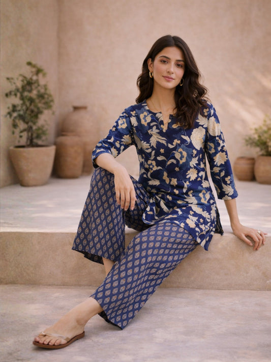 Navy Blue Petal Hush Print Pure Cotton Round neck Co-ord set