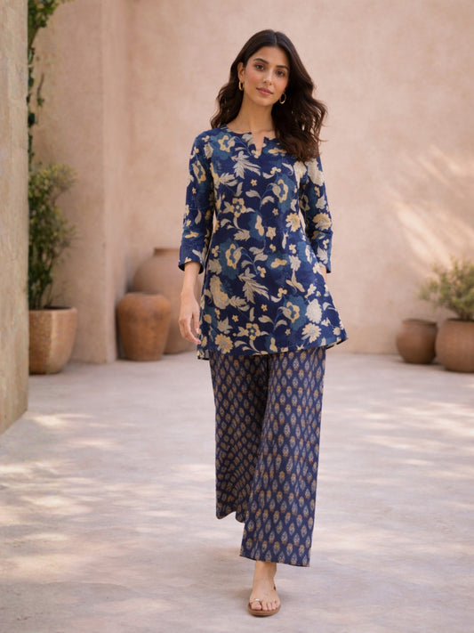 Navy Blue Petal Hush Print Pure Cotton Round neck Co-ord set
