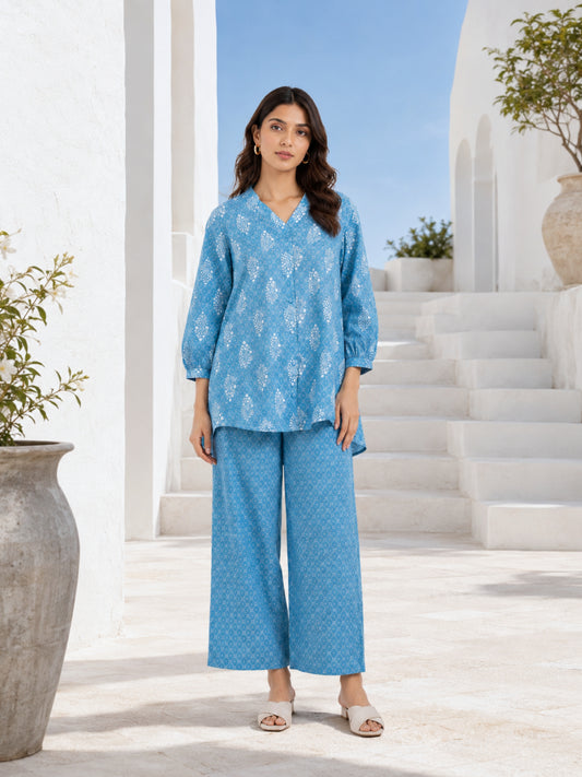 back pleated Sky Blue Pure Cotton Loungewear