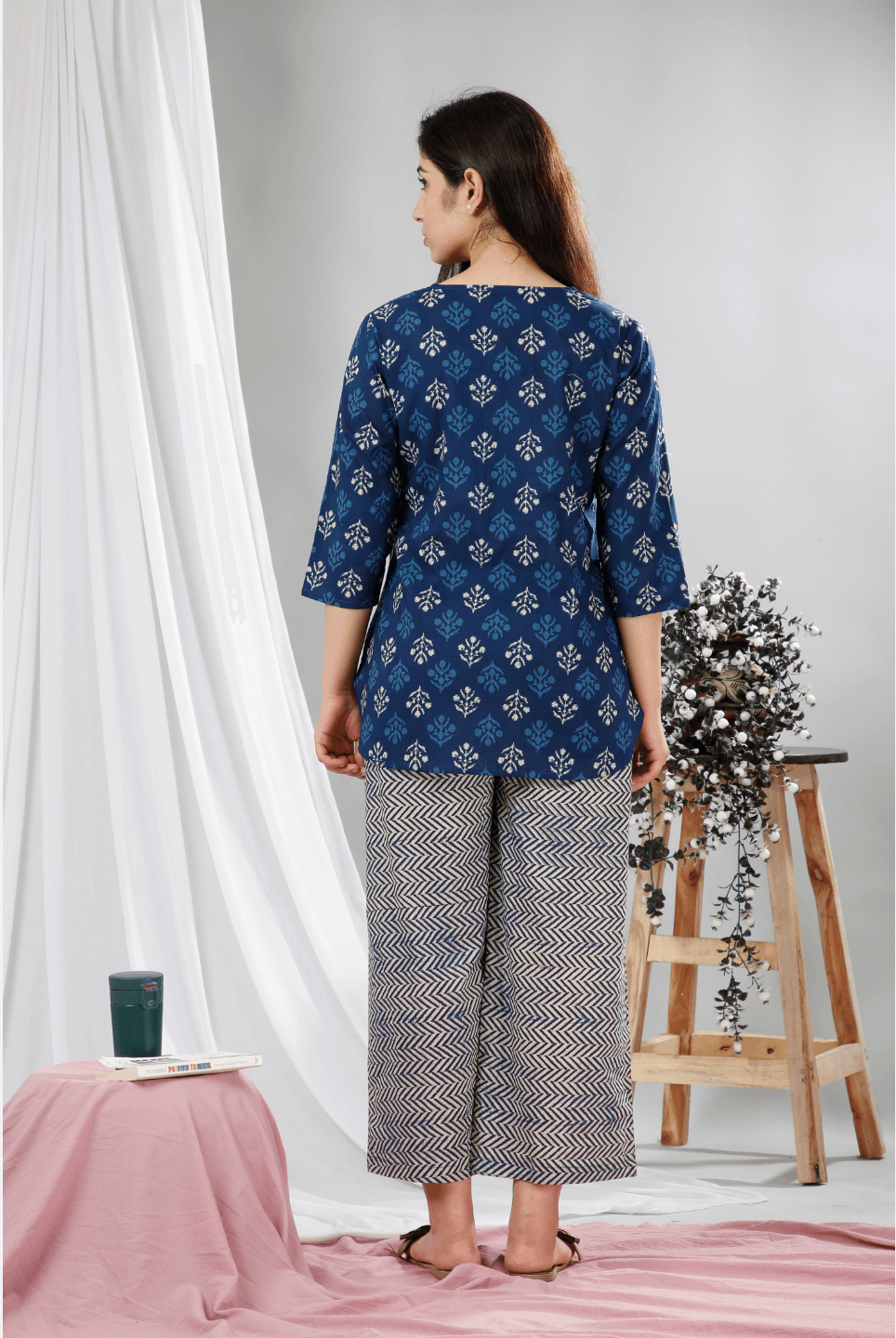 Blue Indigo Hand Block Printed Cotton Lounge Wear (6731812405445)