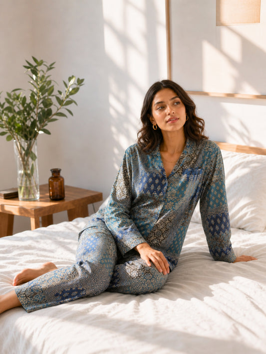 Blue Patchy Print Pure Cotton Collar Shirt Night Suit