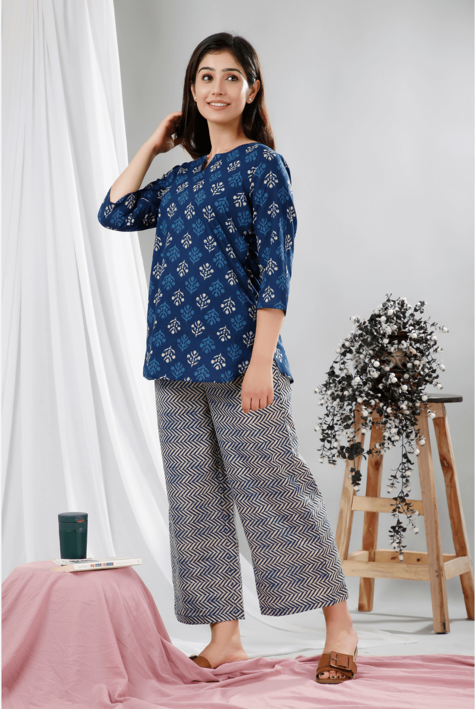 Blue Indigo Hand Block Printed Cotton Lounge Wear (6731812405445)