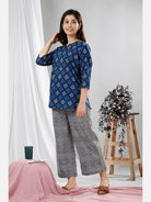 Blue Indigo Hand Block Printed Cotton Lounge Wear (6731812405445)