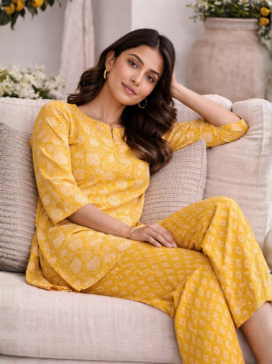 Yellow Bloomscape Print Pure Cotton Round neck Co-ord set