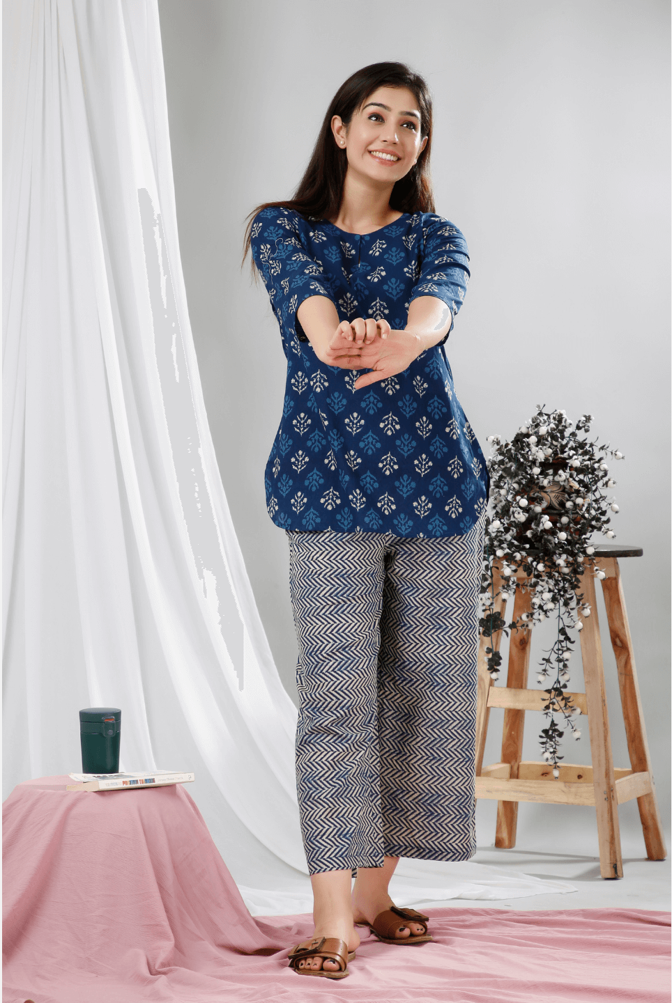 Blue Indigo Hand Block Printed Cotton Lounge Wear (6731812405445)