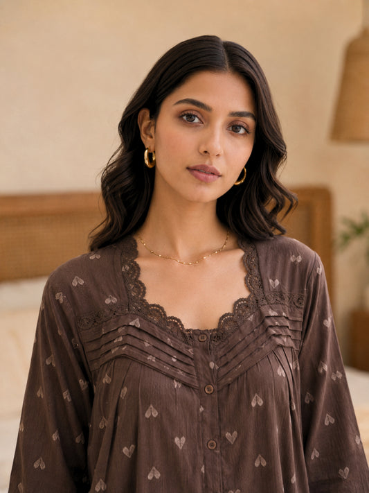 Brown Heart Print Button Yoke Night Maxi for Women