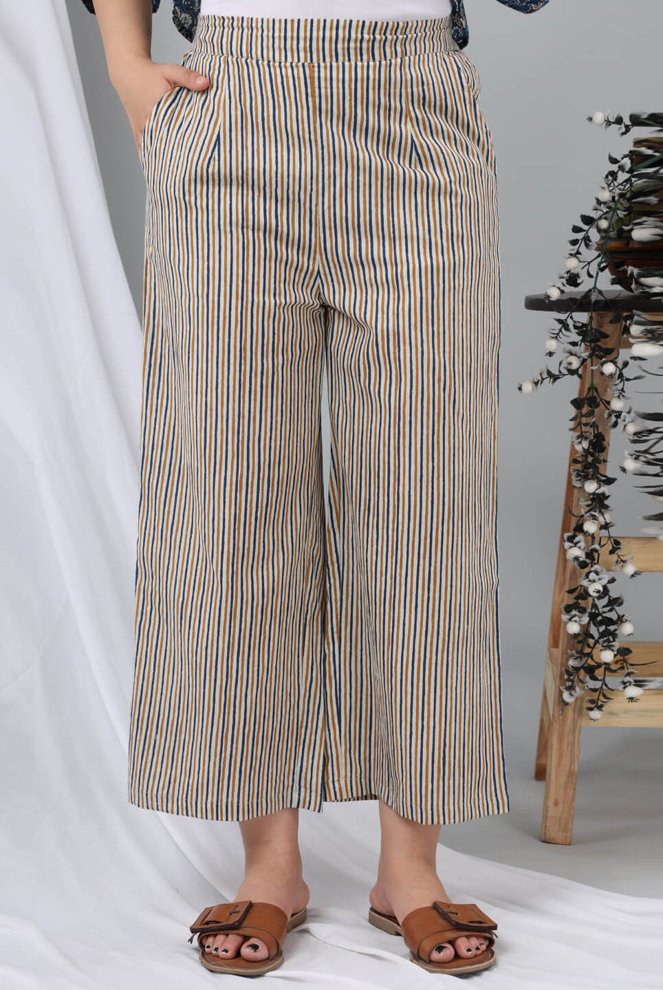 Indigo/Beige Hand Block Printed Cotton Lounge Wear (6697526886597)