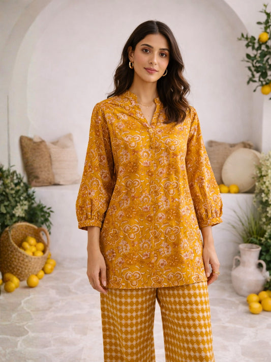 Mustard Flora Flick Pure Cotton Back Pleated Co-ord set