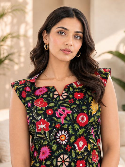 Black Floral Sleeveless Pure Cotton Loungewear