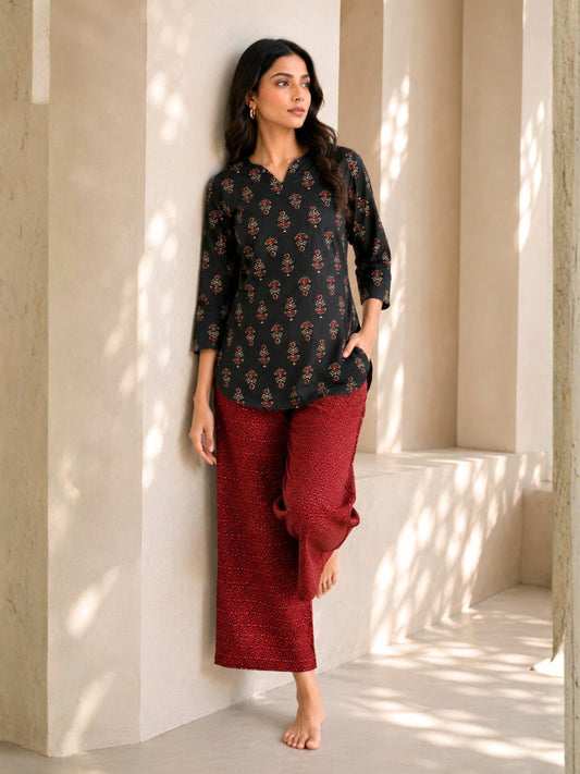 Black Hand Block Pure Cotton Lounge Wear