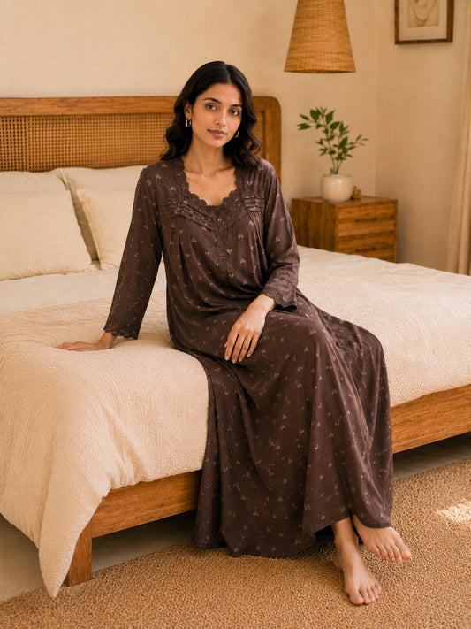 Brown Heart Print Button Yoke Night Maxi for Women