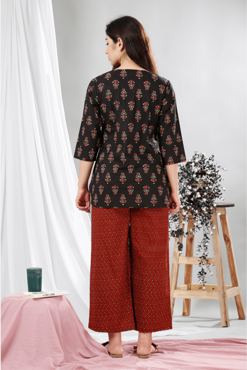 Black Hand Block Printed Cotton Lounge Wear (6731812241605)