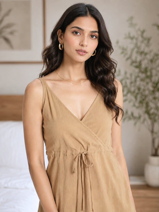Beige Soft Crepe Wrap Tie-Up Co-Ord Set for Women