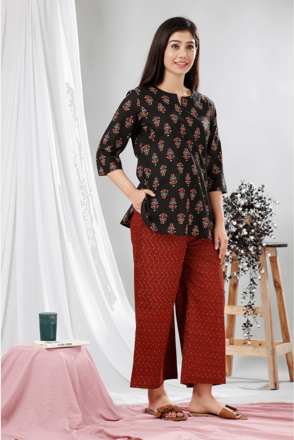 Black Hand Block Printed Cotton Lounge Wear (6731812241605)
