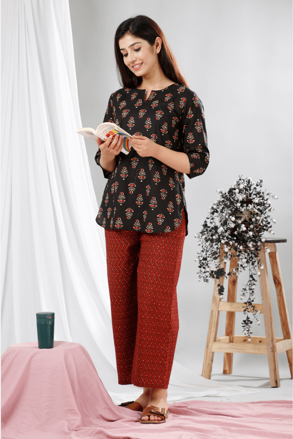 Black Hand Block Printed Cotton Lounge Wear (6731812241605)