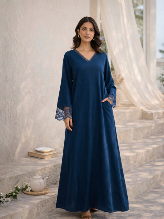 Teal Blue Soft Crepe V-Neck Maxi