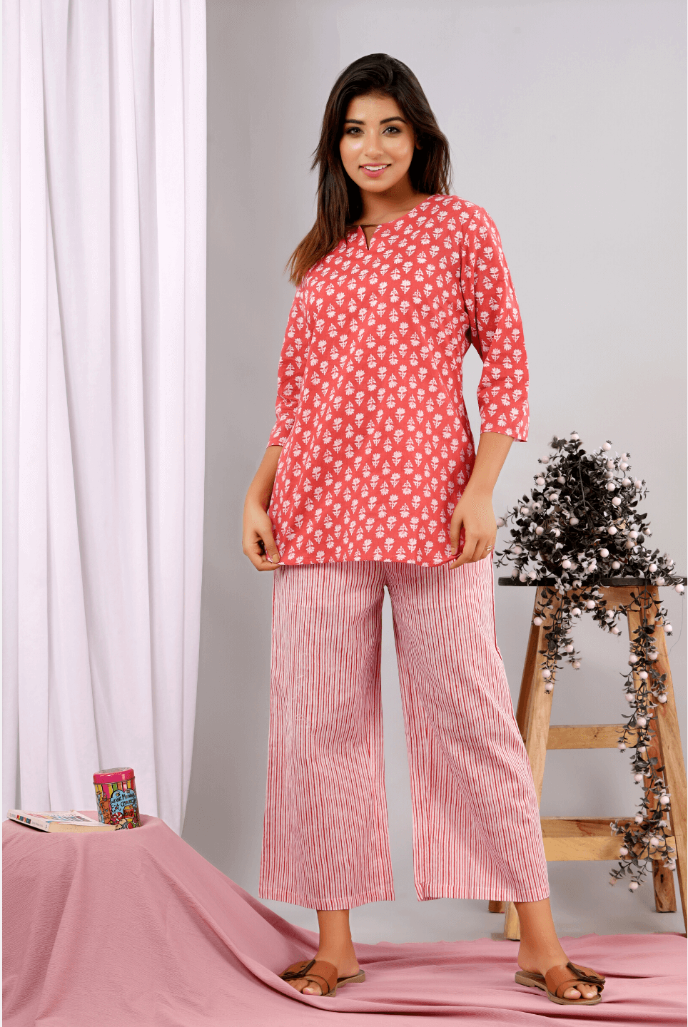Coral Blush Block Printed Lounge Wear (6890383278277)