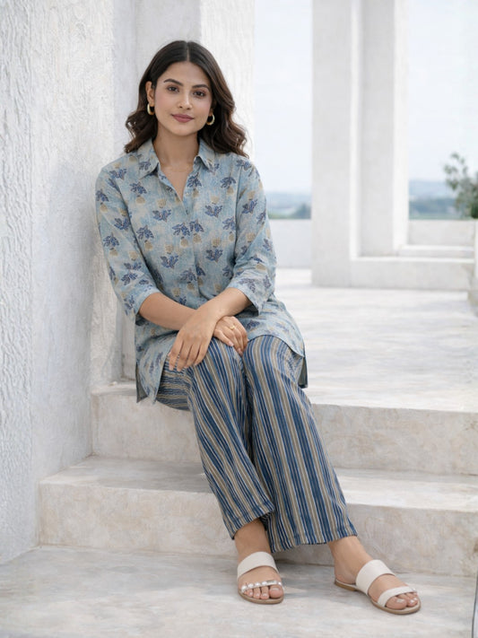 Blue Mist Pure Cotton Collar Shirt Co-ord Set