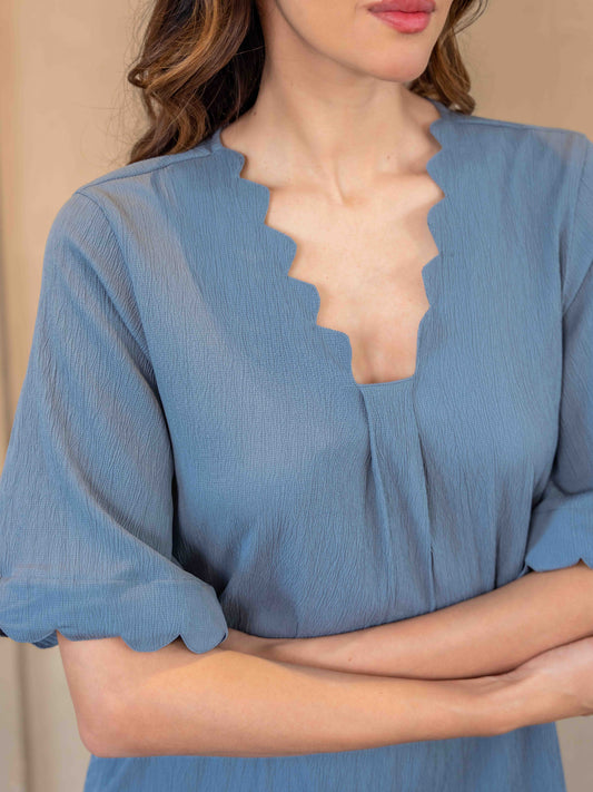 Light Blue Soft Crepe Scallop Night Maxi for Women
