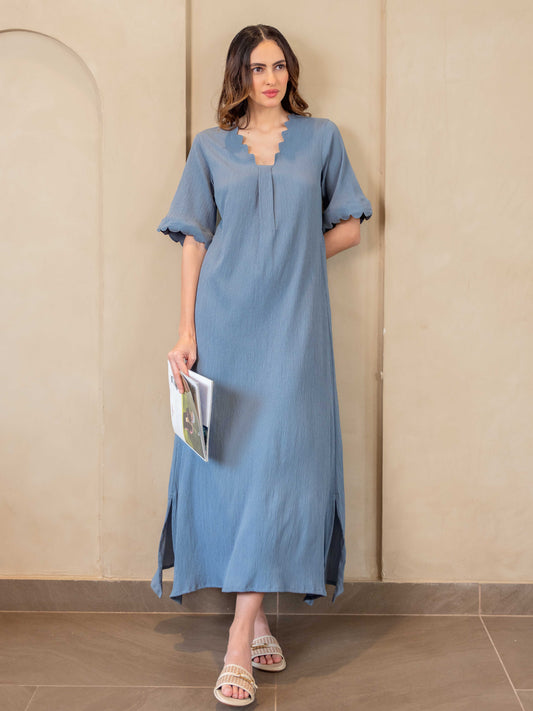 Light Blue Soft Crepe Scallop Night Maxi for Women