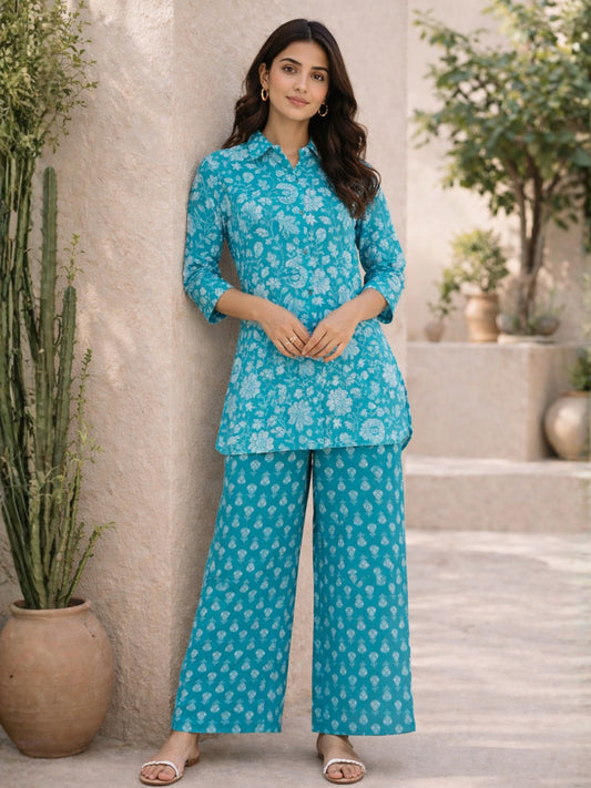 Cyan Pure Cotton Collar Neck Co-ord set