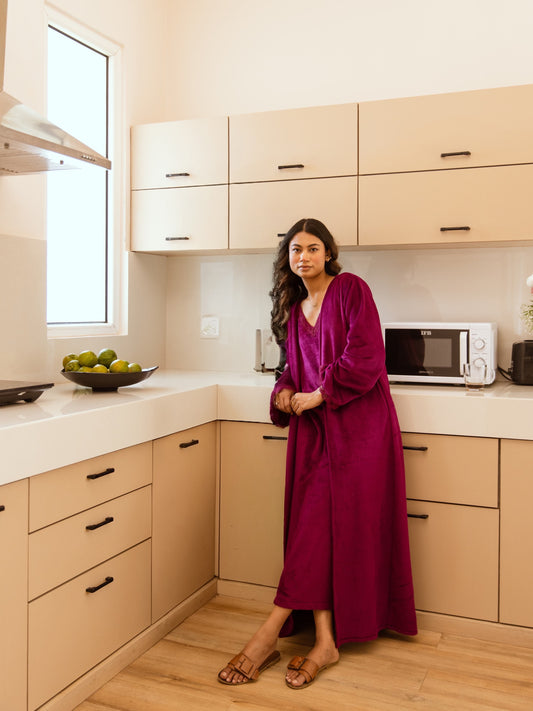 Wine Super Soft Woollen Maxi & Shrug Set