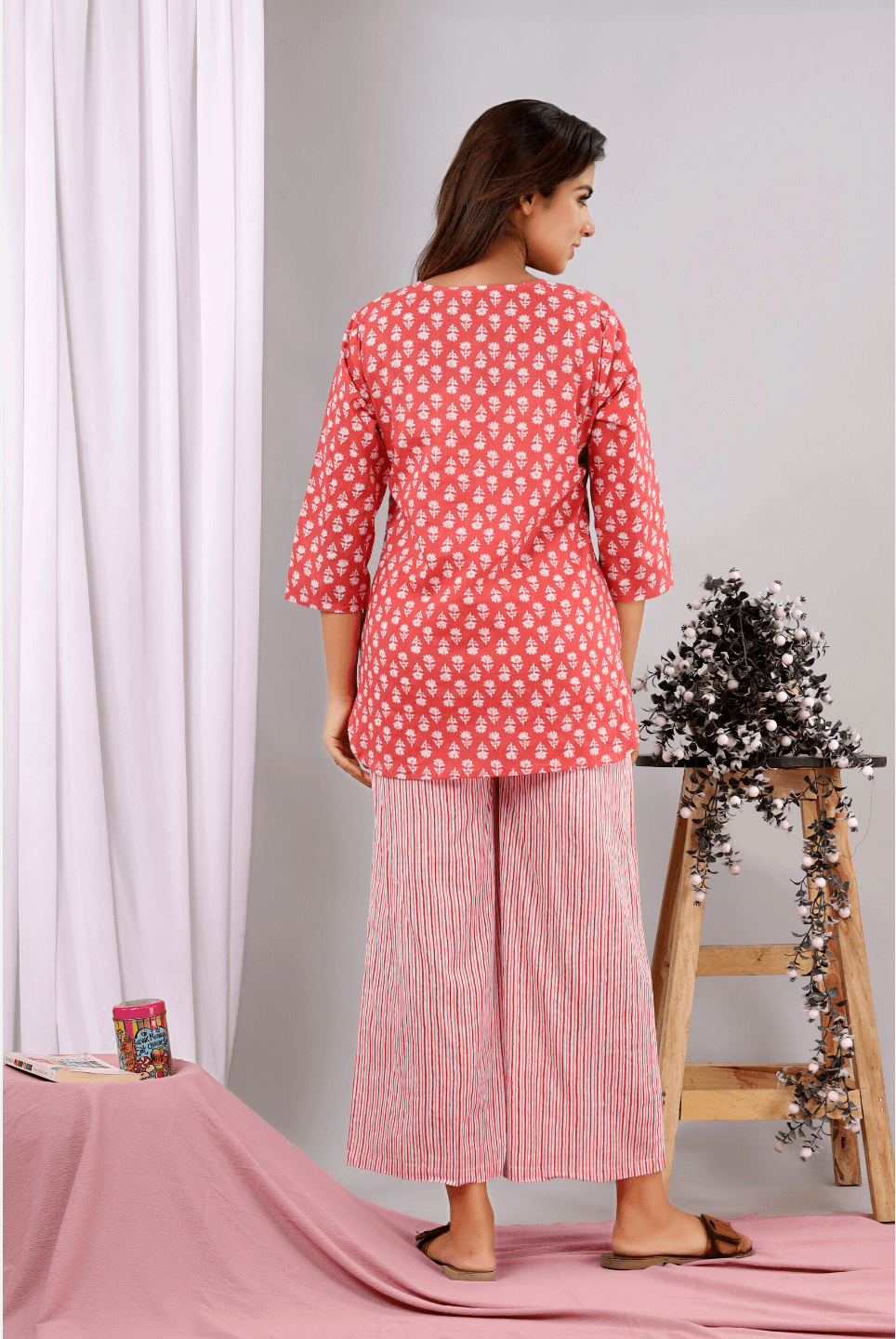 Coral Blush Block Printed Lounge Wear (6890383278277)