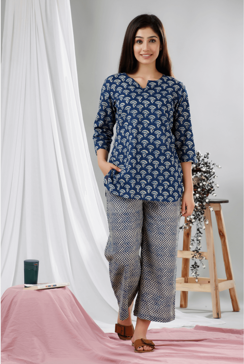 Blue Hand Block Printed Cotton Lounge Wear (6731812339909)