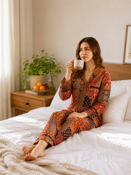 Brown Snuggle Patch Pure Cotton Collar Shirt Night Suit