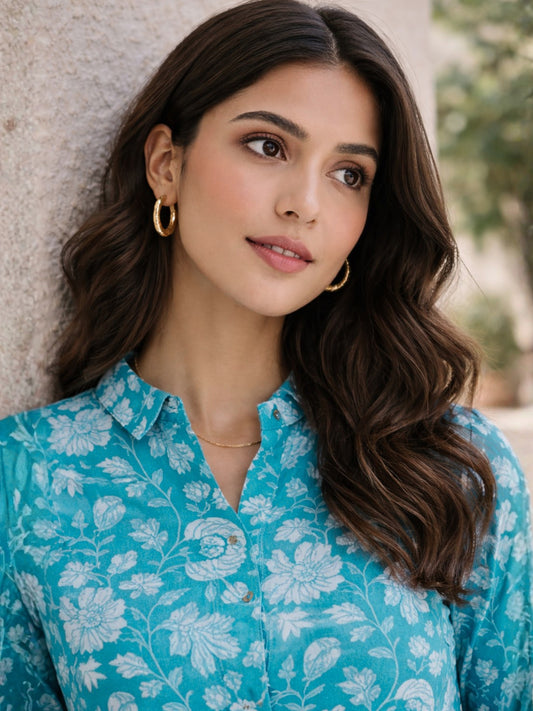 Cyan Pure Cotton Collar Neck Co-ord set