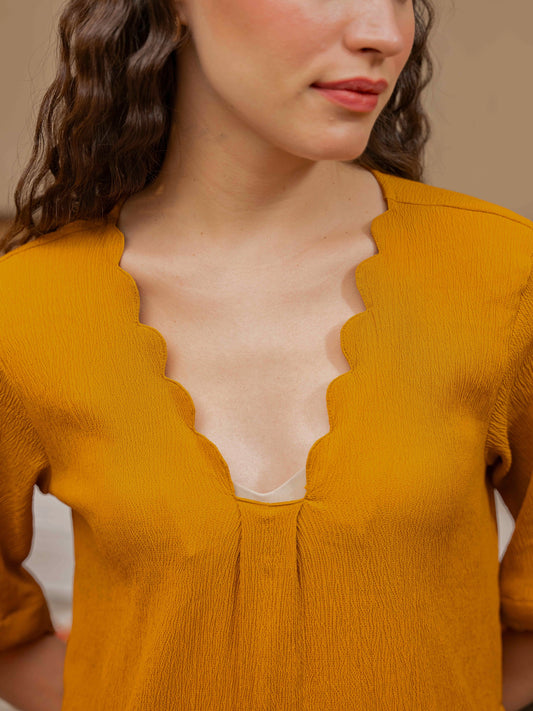 Mustard Soft Crepe Scallop Night Maxi for Women