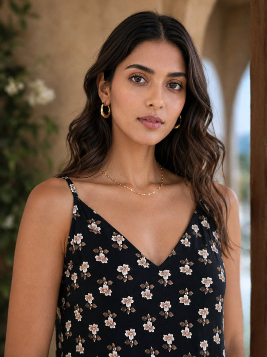 Black Ditsy Pure Cotton V-Neck Night Maxi for Women