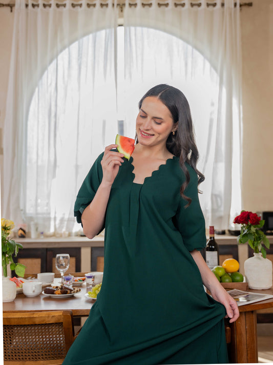 Emerald Soft Crepe Scallop Night Maxi for Women