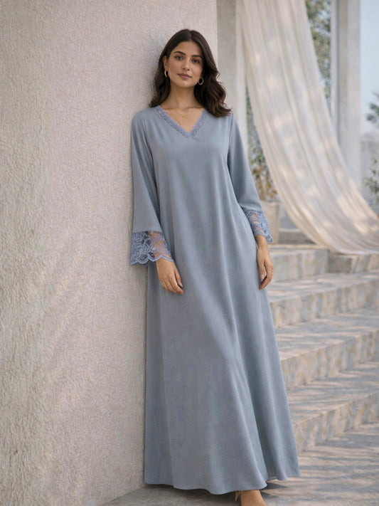 Pegion Blue Soft Crepe V-Neck Maxi