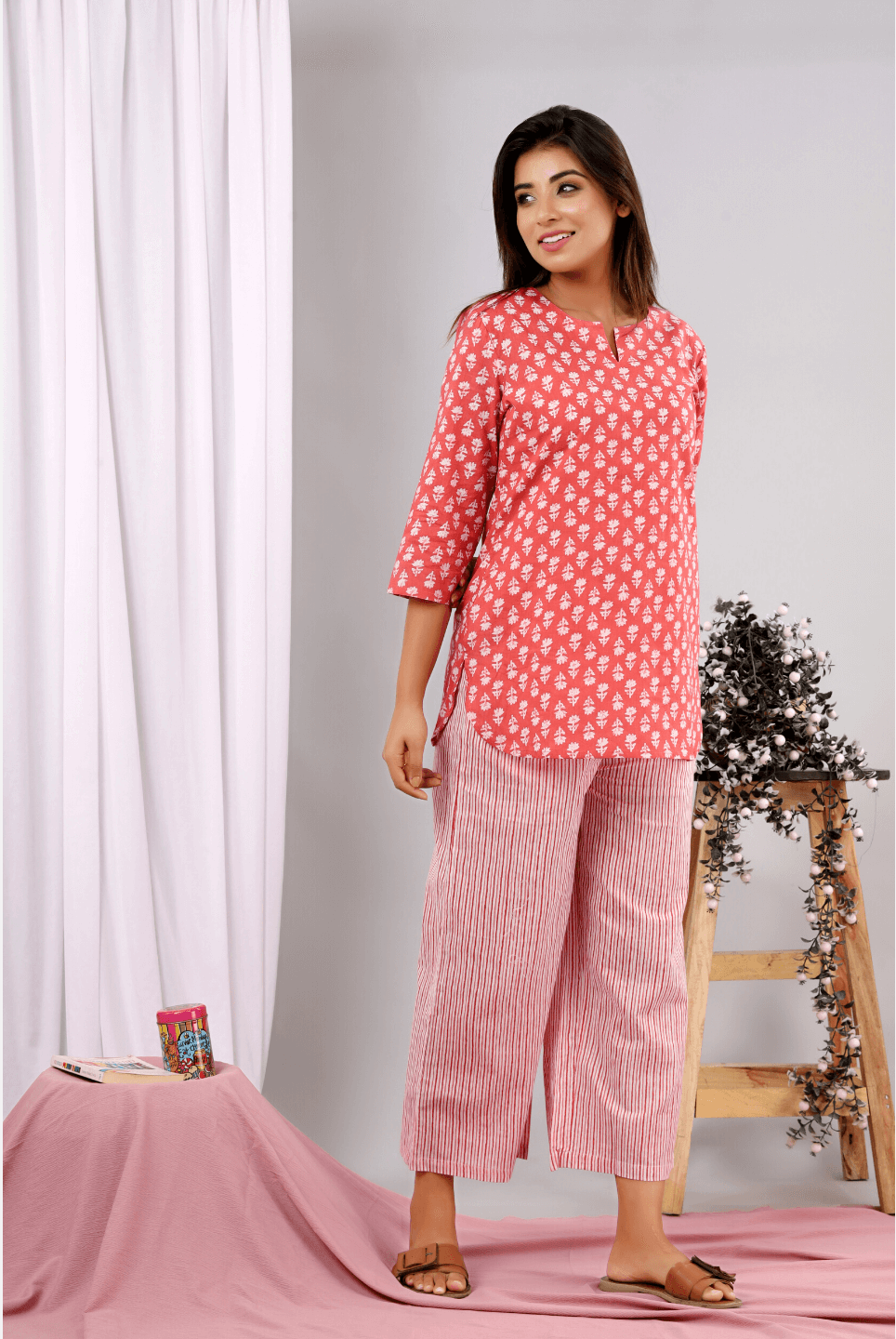 Coral Blush Block Printed Lounge Wear (6890383278277)