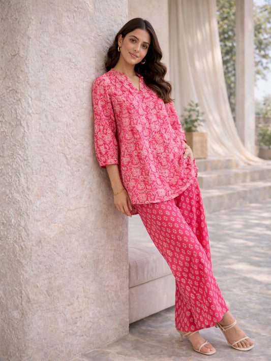 Pink Peony Chill Pure Cotton Back Pleated Co-ord set