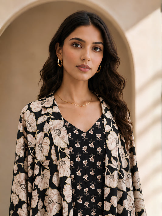 Black Serene Pure Cotton V-Neck Midi & Shrug Set for Women