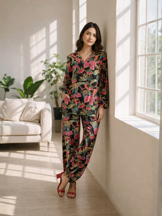 Tropical Raven's Wing Floral V-Neck Patiala Co-Ord Set