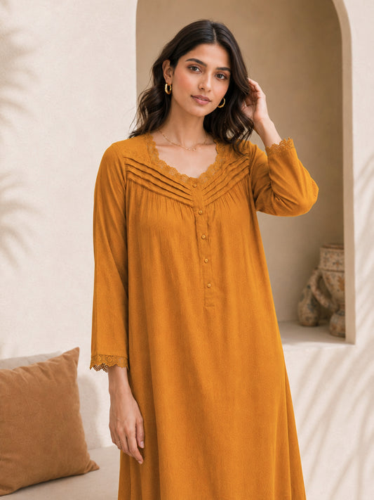 Mustard Soft Crepe Lace Yoke Night Maxi for Women