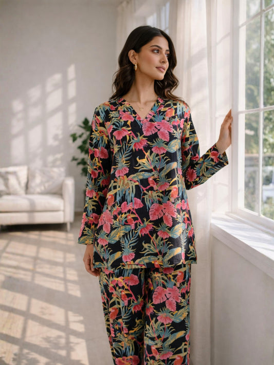 Tropical Raven's Wing Floral V-Neck Patiala Co-Ord Set