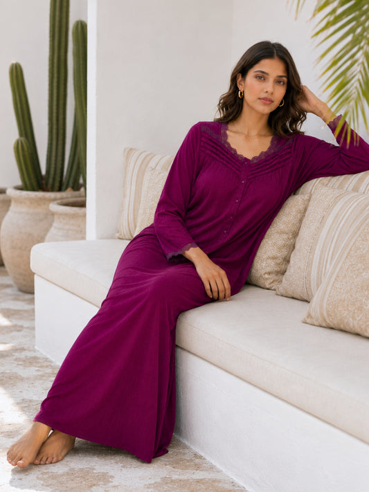 Wine Soft Crepe Button Yoke Night Maxi for Women