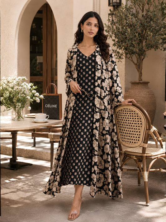 Black Serene Pure Cotton V-Neck Midi & Shrug Set for Women