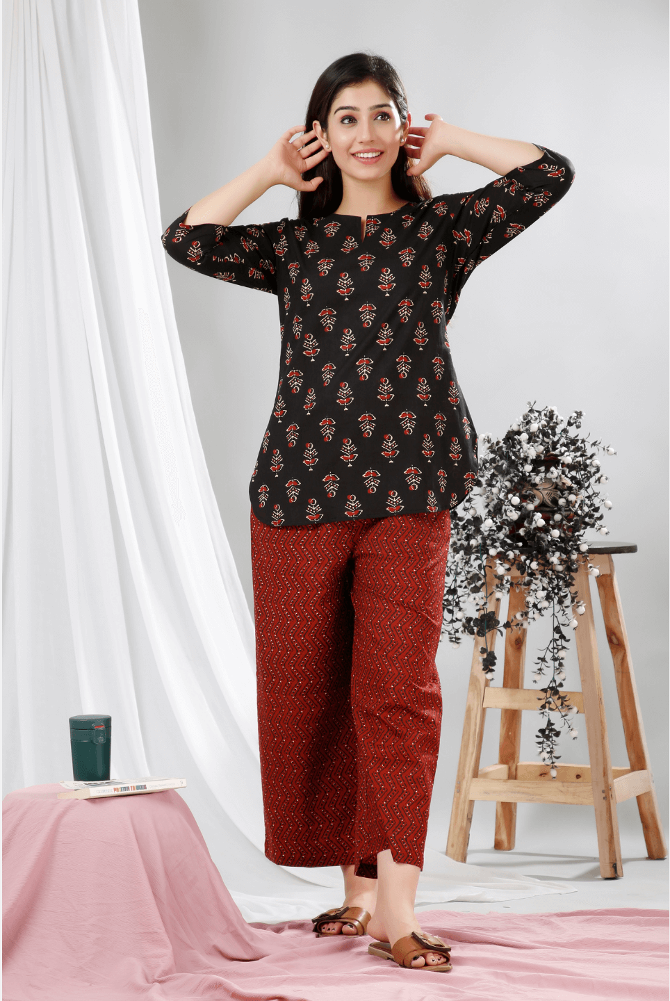 Black Hand Block Printed Cotton Lounge Wear (6731812241605)