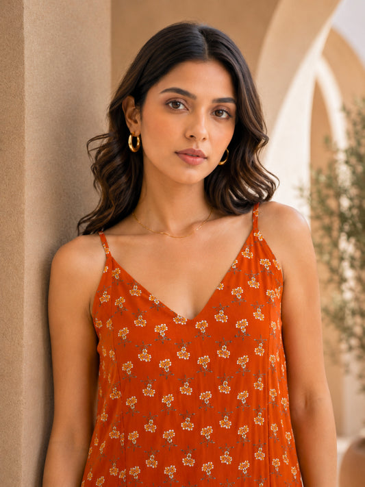 Rust Tiny Bloom Pure Cotton V-Neck Night Maxi for Women