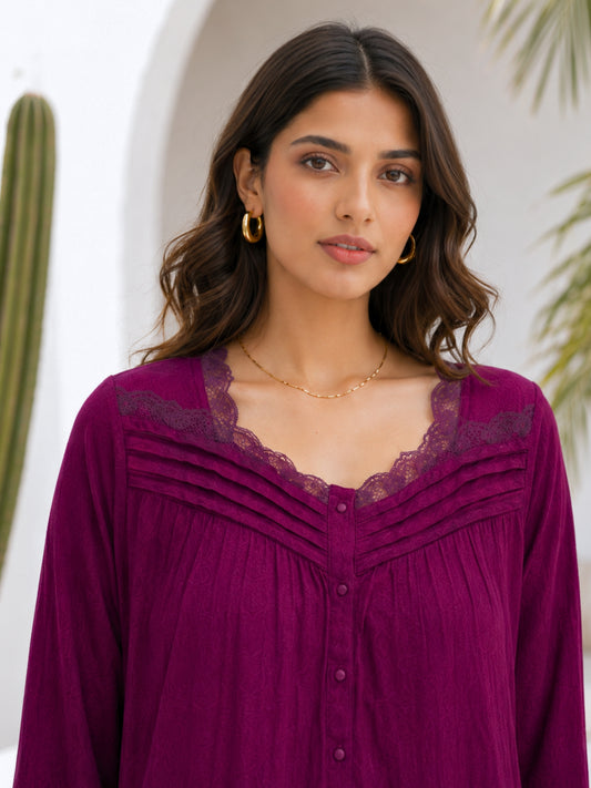 Wine Soft Crepe Button Yoke Night Maxi for Women
