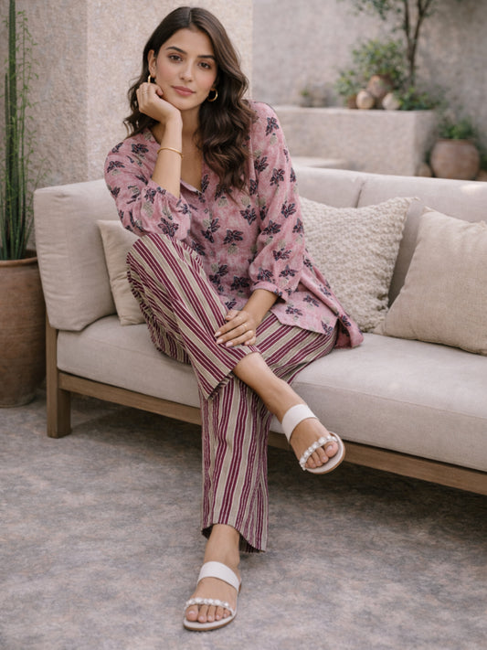 Pink Texture Pure Cotton Back Pleated Co-ord Set