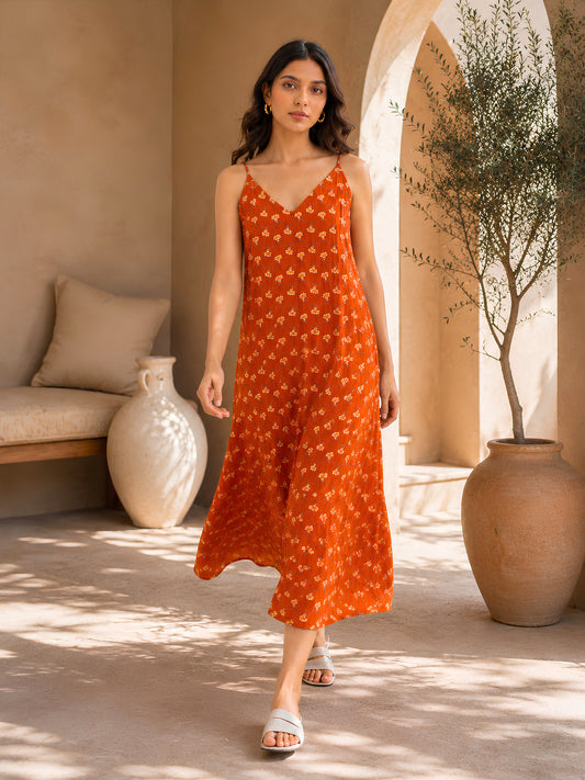 Rust Tiny Bloom Pure Cotton V-Neck Night Maxi for Women